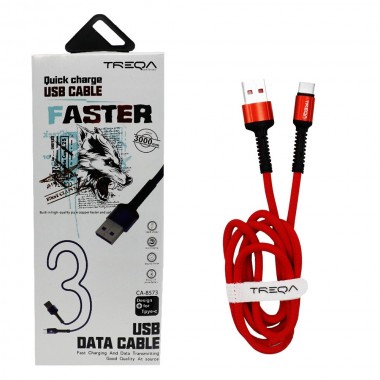 Καλώδιο Γρήγορης Φόρτισης και Μεταφοράς Δεδομένων 3m USB 3.1A σε Type-c Treqa CA-8573-R Κόκκινο