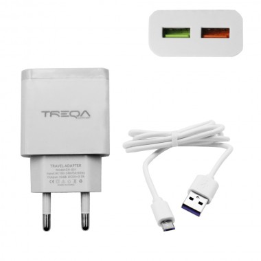 Φορτιστής Ταχείας Φόρτισης Με 2 Θύρες USB 3.1A και Καλώδιο Micro USB 1m Treqa CH-631-M Λευκό